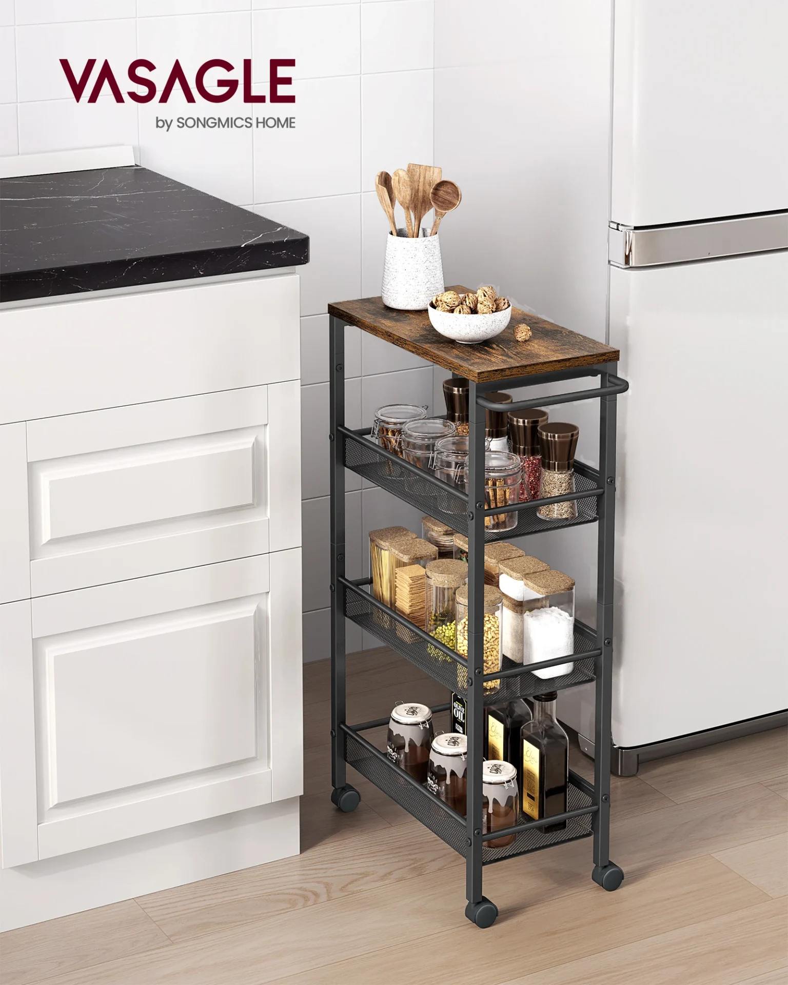 Wood and metal 4-level kitchen trolley with castors - Home Decor Luz