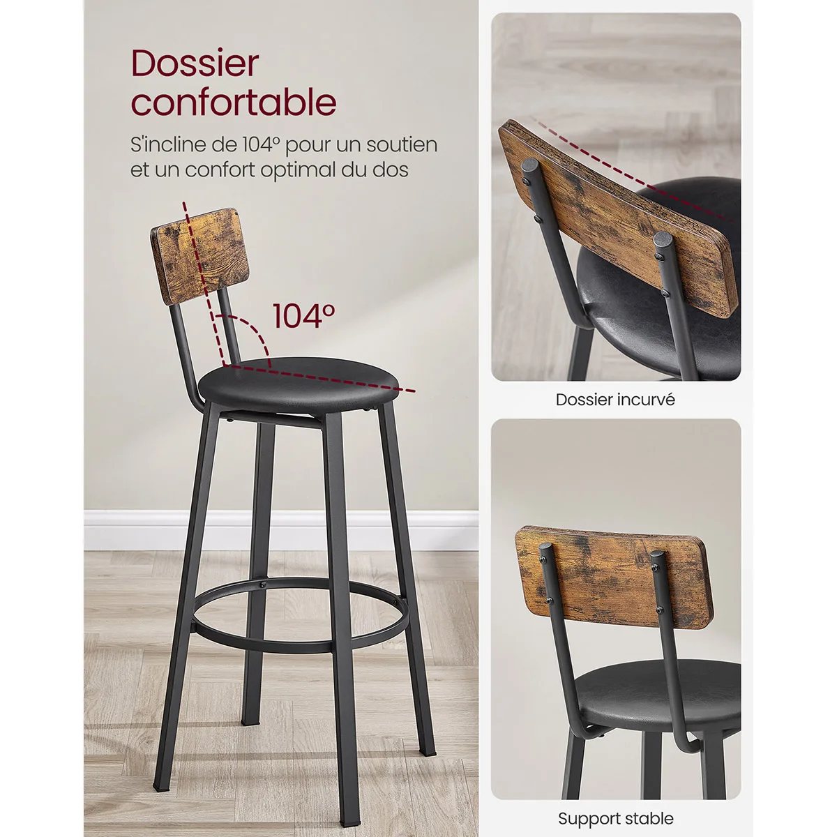 Set of 2 black leather bar chairs with wooden backs - Maison Déco Lumière