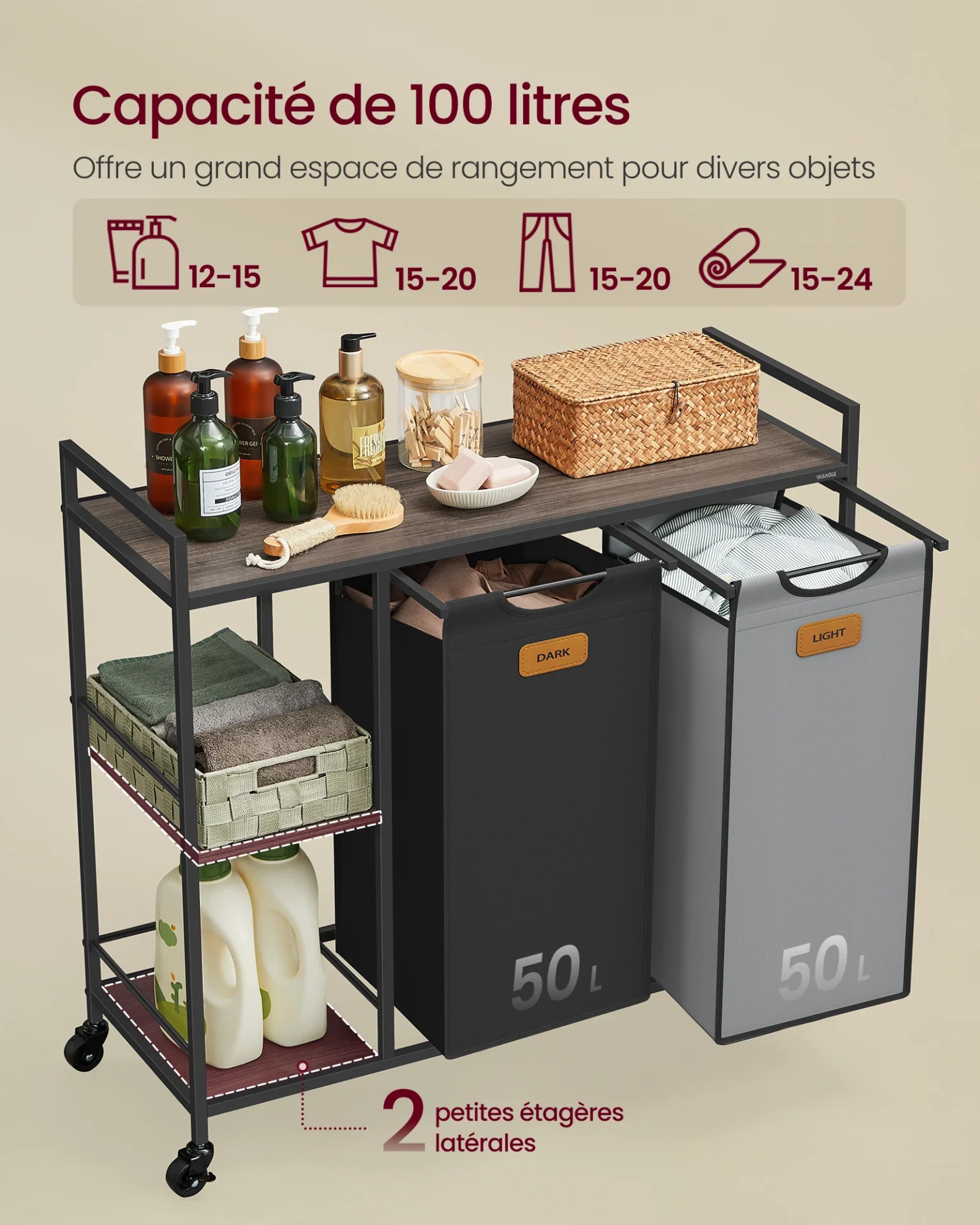 Storage unit with 2 laundry bags - 100 L, - Maison Déco Lumière