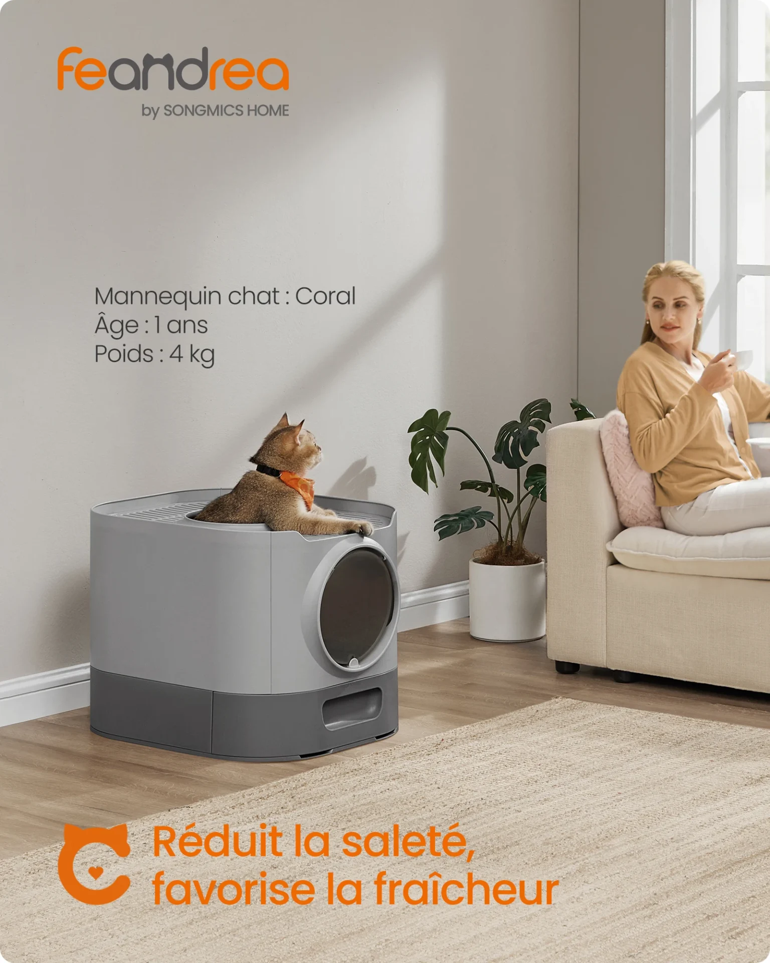 Grey anti-odour litter box with removable tray - Maison Déco Lumière