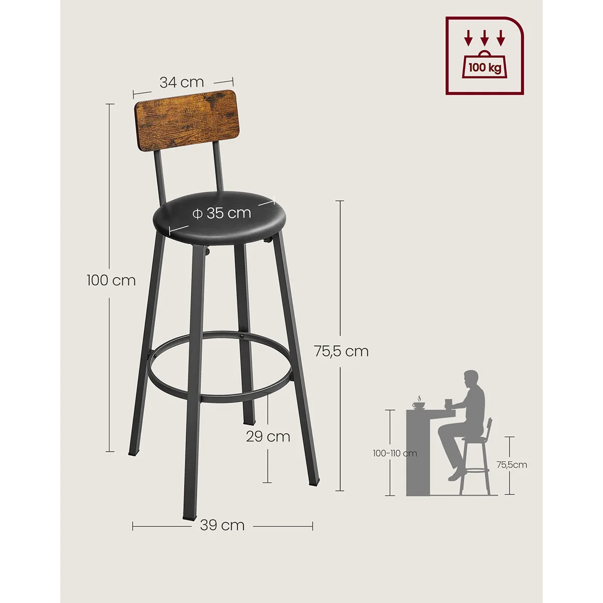 Set of 2 black leather bar chairs with wooden backs - Maison Déco Lumière